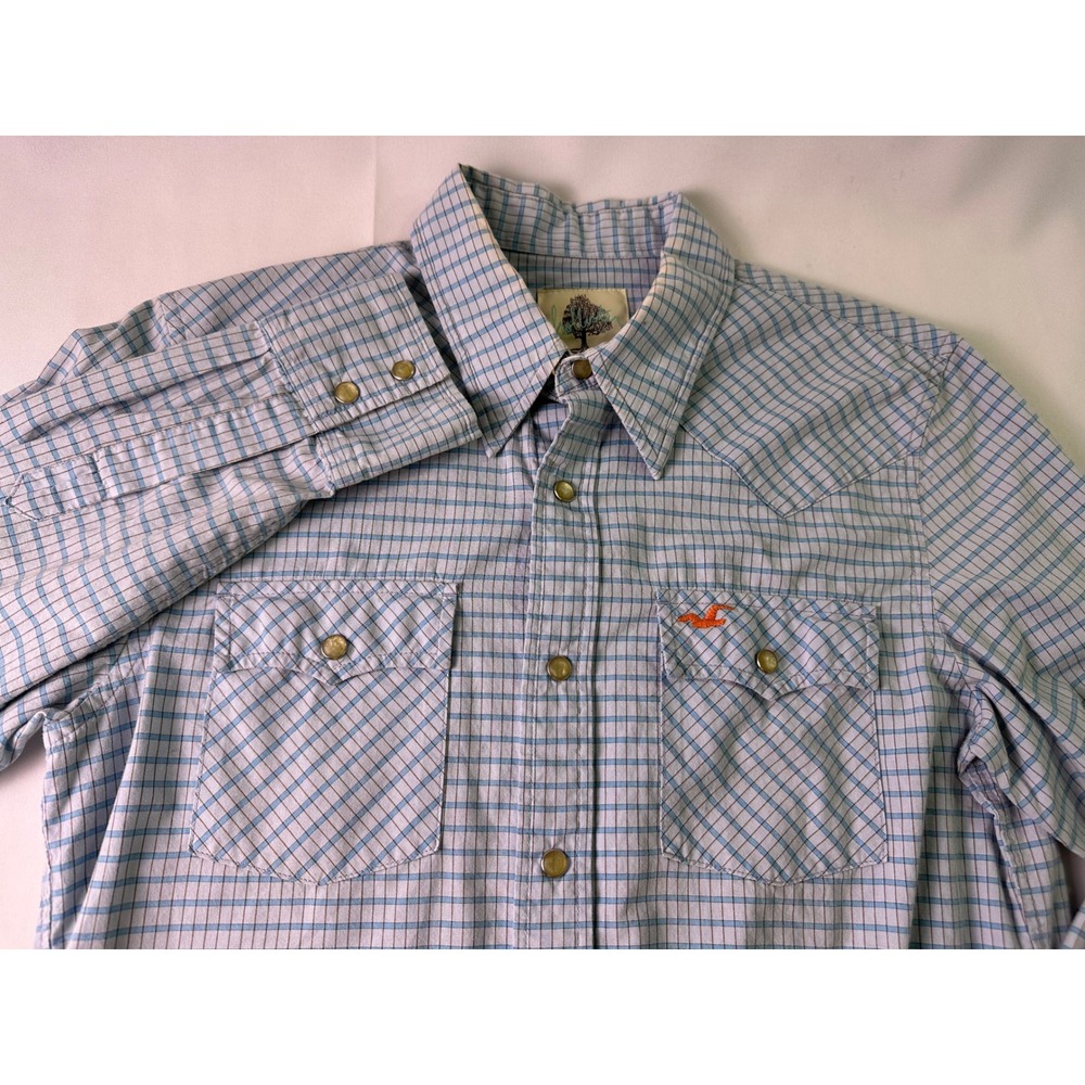 HOLLISTER Mens S Western Pearl Snap‎ Long Sleeve Plaid Y2K Blue Button Shirt